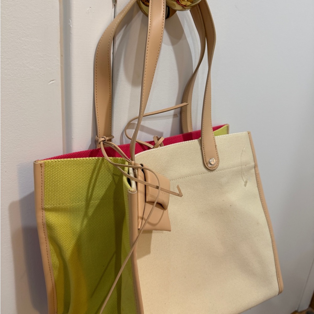 DKNY Canvas Tote Bag in Bright Pink/beige/green with Tan Trim